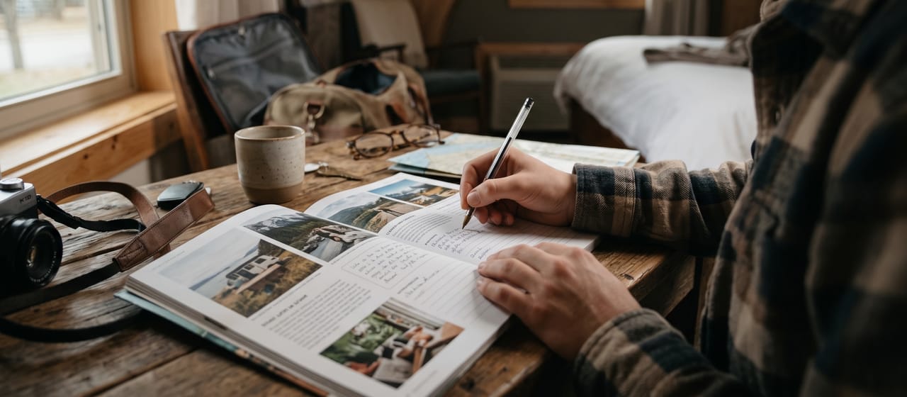 A traveller at a wooden desk with a printed travel journal open at their photographs