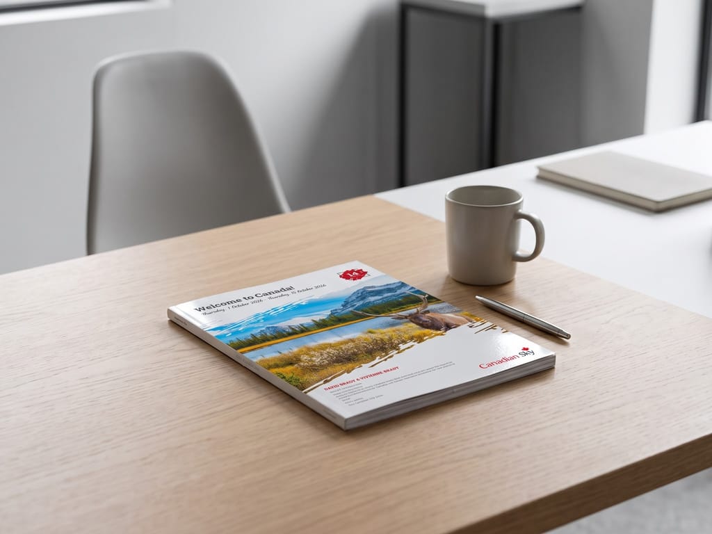 A printed, bound travel document on a desk, ready to send