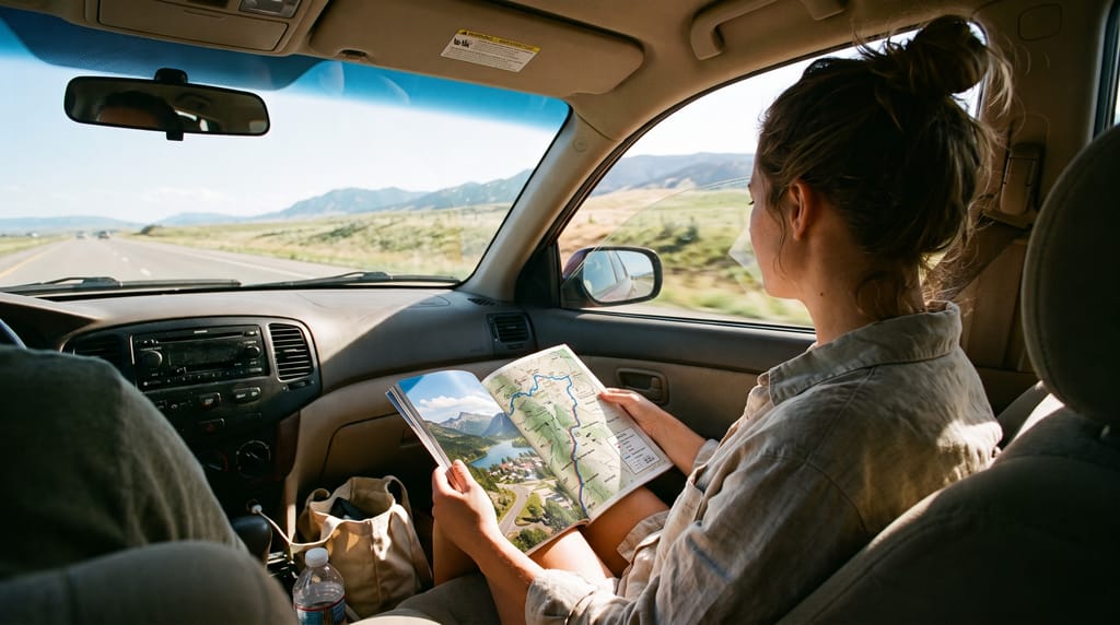 A passenger in a moving car with a printed book open at the day's route map