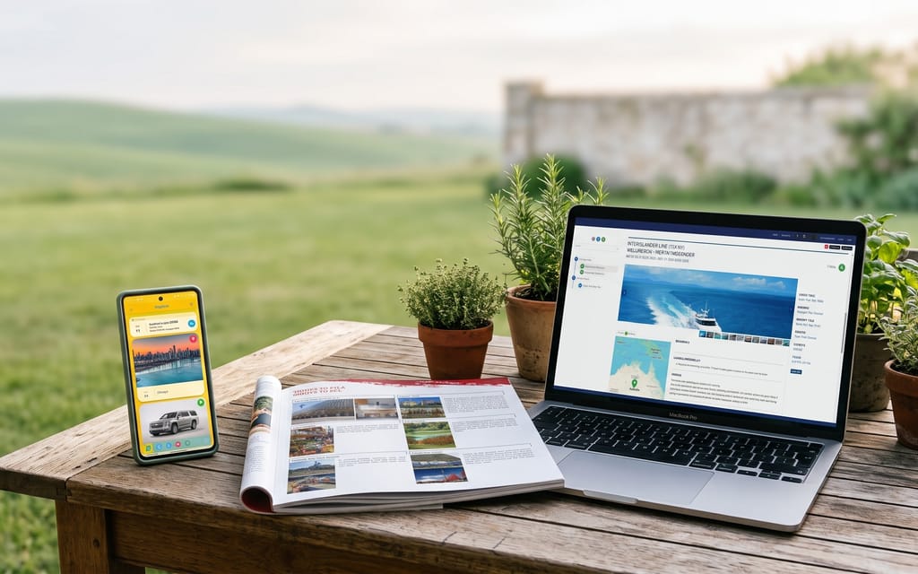The same trip as a printed document, in the Tripigo app on a phone and as an ePresentation on a laptop
